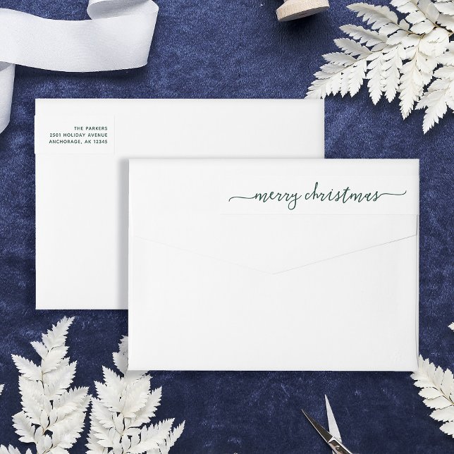 Modern Green Script | Merry Christmas Address Wrap Around Label (Stylish and elegant wrap-around return address labels for Christmas)