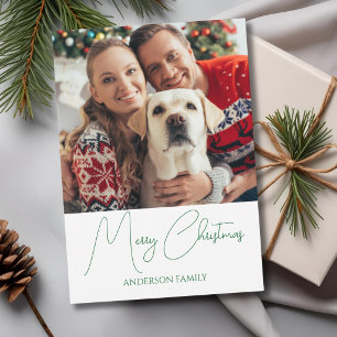 Modern Green Script Merry Christmas Photo Holiday Card