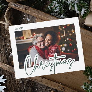 Modern Green Script Merry Christmas Photo Postcard