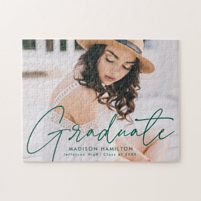 Modern Green Script Photo Graduation Jigsaw Puzzle (Horizontal)