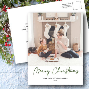 Modern Green Script Photo Minimalist Christmas Hol Holiday Postcard