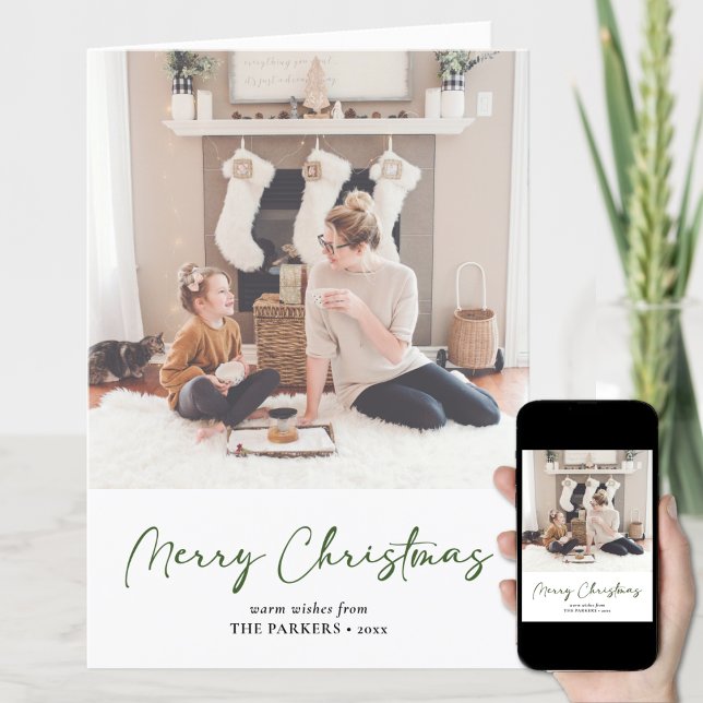 Modern Green Script Photo Minimalist Christmas Holiday Card (Creator Uploaded)