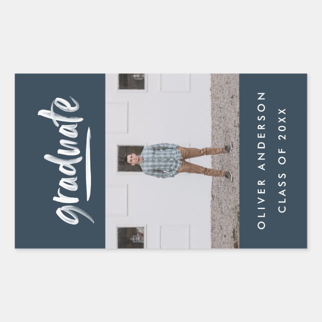 Modern green script photo navy blue graduation rectangular sticker (Front)