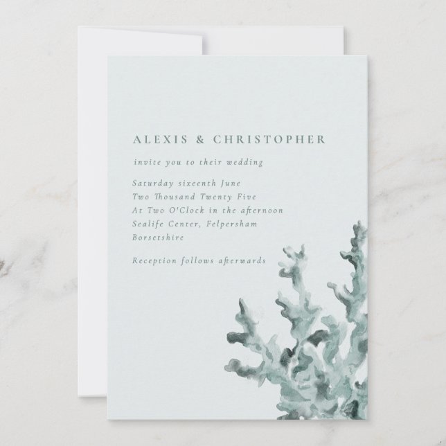 Modern Green Sea Coral Wedding Invitation (Front)