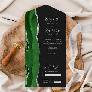 Modern Green Silver Agate Dark Wedding All In One Invitation