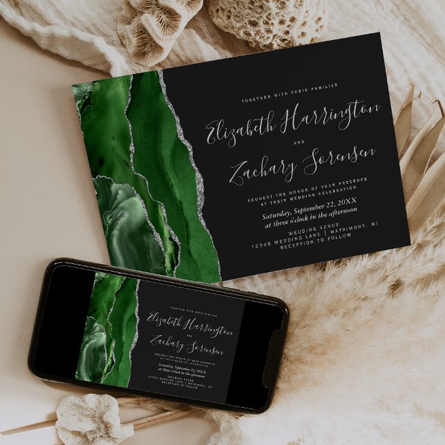 Modern Green Silver Agate Dark Wedding Invitation (Creator Uploaded)