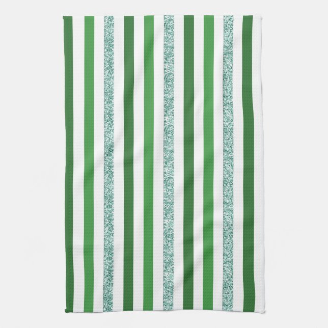 Modern Green & Silver Glitter Stripes Tea Towel (Vertical)
