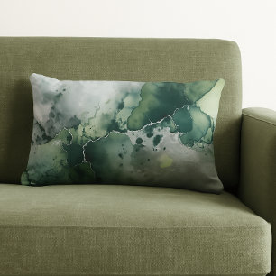 Modern Green Silver Grey Watercolor  Lumbar Cushion