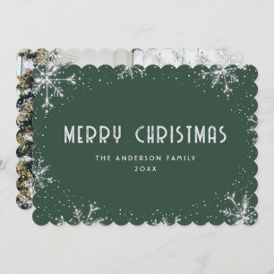 Modern Green Silver Snowflake Photo Christmas Card