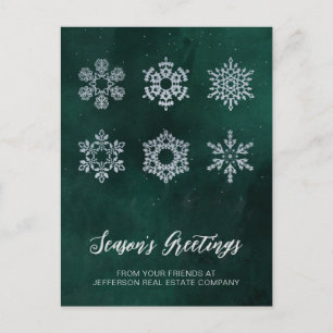 Modern Green Silver Snowflakes Business Holiday Postcard