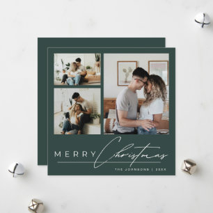 Modern Green Simple Script Photo Collage Christmas Holiday Card