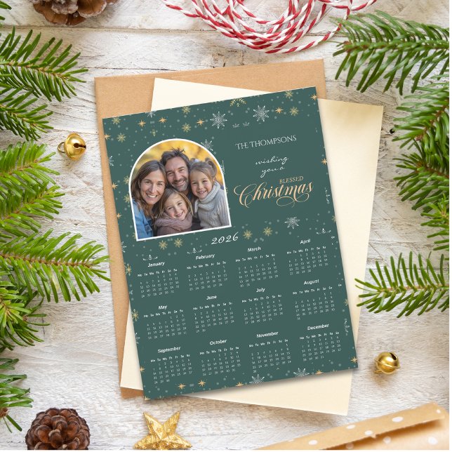 Modern Green Snowflake Photo 2026 Calendar Card (Creator Uploaded)