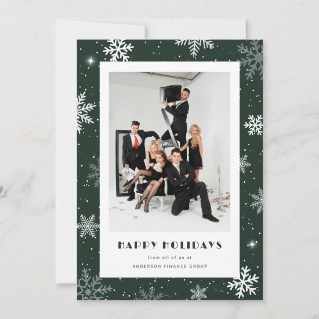 Modern Green Snowflake Photo Corporate Business Holiday Card (Front)