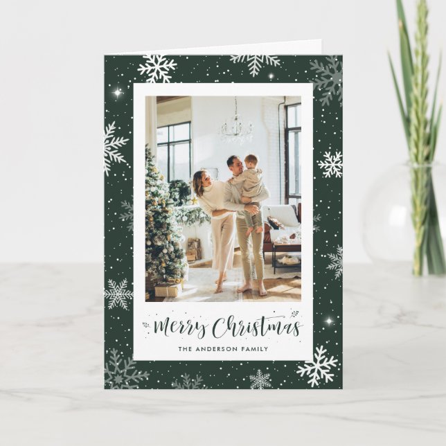 Modern Green Snowflake Photo Merry Christmas Holiday Card (Front)