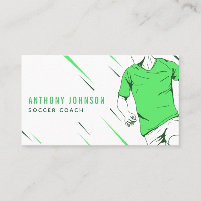 Modern Green Soccer Player Coach in Motion Sports Business Card (Front)