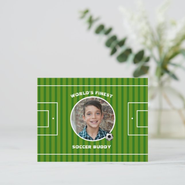 Modern Green Soccer Sports Field Custom Photo Postcard (Standing Front)