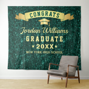 Modern Green Sparkle Graduation Photo Backdrop Tapestry