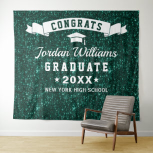 Modern Green Sparkle Graduation Photo Backdrop Tapestry