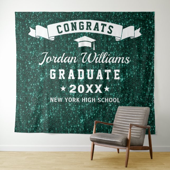 Modern Green Sparkle Graduation Photo Backdrop Tapestry (In Situ (Horizontal))
