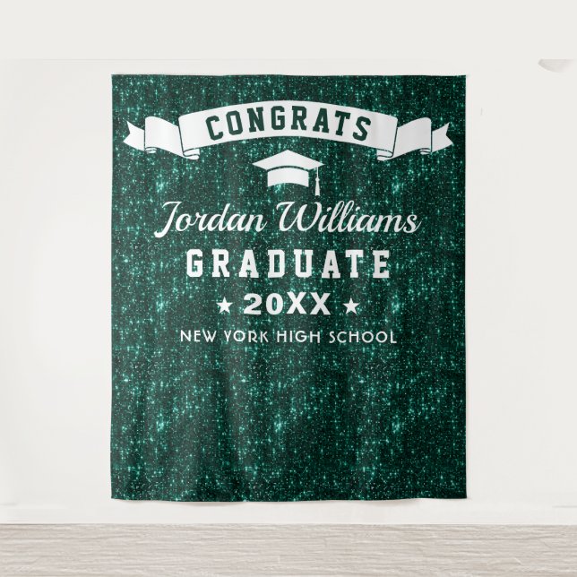 Modern Green Sparkle Graduation Photo Backdrop Tapestry (Front)