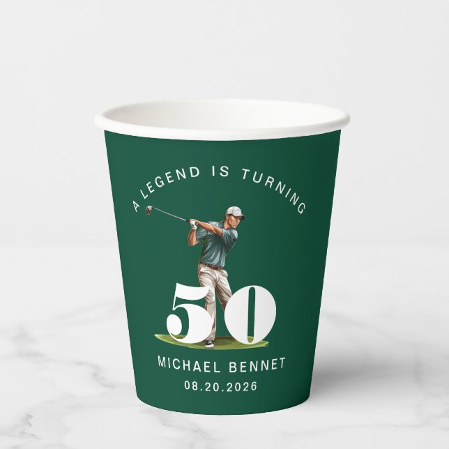 Modern Green Sport Golfer 50th Birthday Paper Cups (Front)