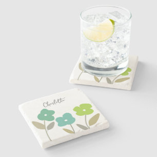 Modern Green  Spring Floral Blooms Custom Name Stone Coaster