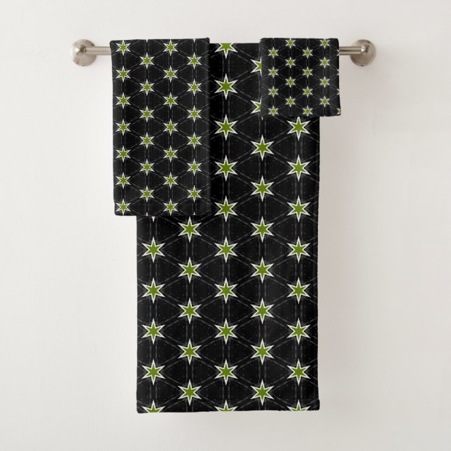 Modern Green Stars on Black Pattern Bath Towel Set (Insitu)