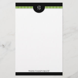 Modern Green Stripe & Black Monogram Stationery