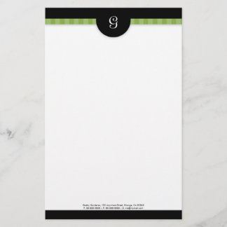 Modern Green Stripe & Black Monogram Stationery