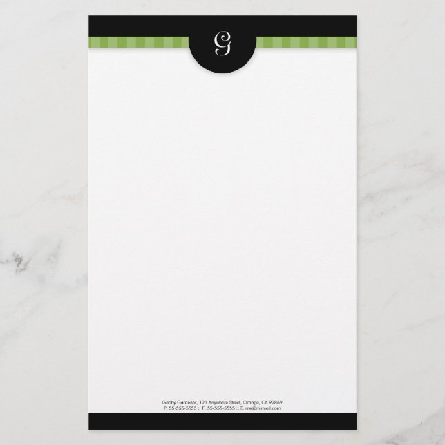 Modern Green Stripe & Black Monogram Stationery (Front)