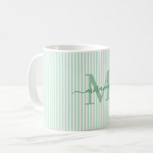 Modern Green Stripe Monogram Name Coffee Mug