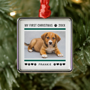 Modern Green Stripe Puppy First Christmas Photo Metal Tree Decoration