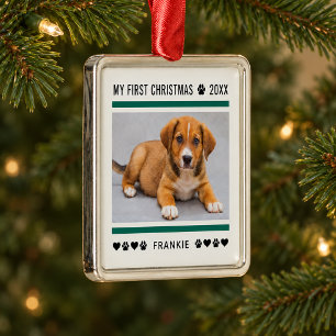 Modern Green Stripe Puppy First Christmas Photo Metal Tree Decoration