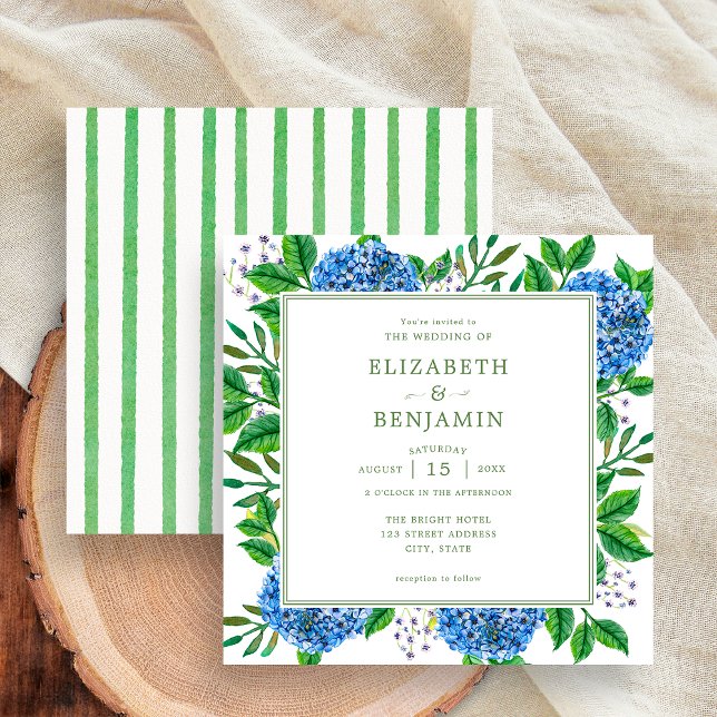 Modern Green Stripes Blue Hydrangeas Wedding Invitation (Front / Back)