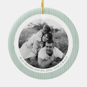 Modern Green Stripes Christmas Family Photo Ceramic Tree Decoration
