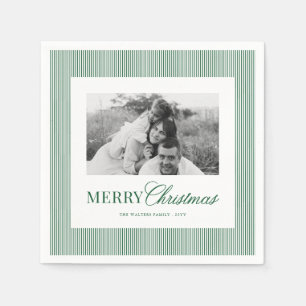 Modern Green Stripes Christmas Family Photo Napkin