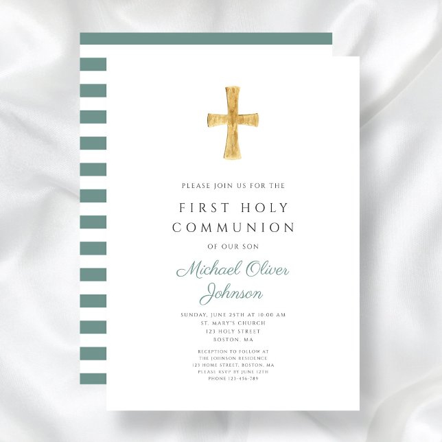 Modern Green Stripes Cross Boy First Communion Invitation (Modern Green Stripes Cross Girl First Communion Invitation)