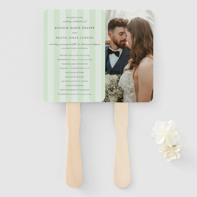 Modern Green Stripes Elegant Wedding Program Hand Fan (Front and Back)