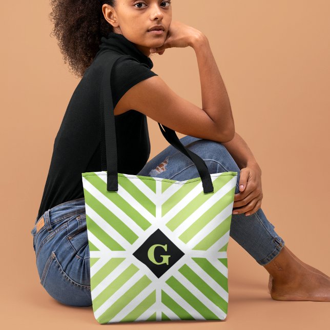 Modern Green Stripes Initial Tote Bag (Creator Uploaded)