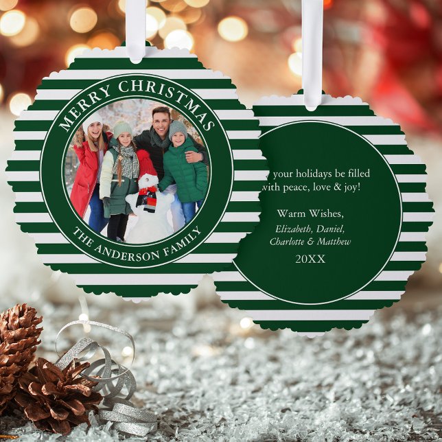Modern Green Stripes Merry Christmas Photo Tree Decoration Card (A greeting card that is also an ornament! Customize with your photo and personalized text.)