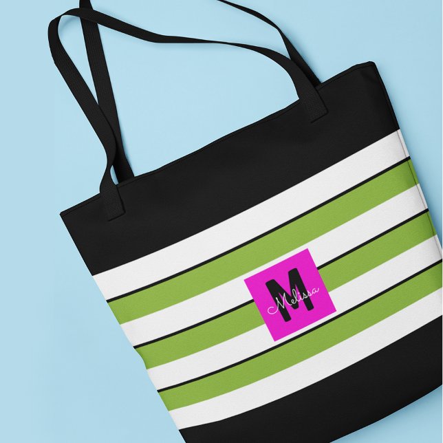 Modern Green Stripes Monogram Tote Bag (Creator Uploaded)