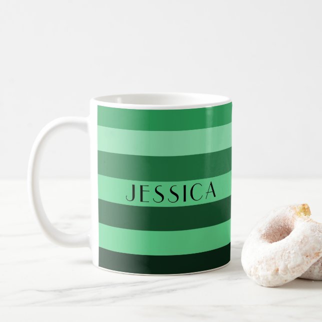Modern Green Stripes Pattern Name Coffee Mug (With Donut)