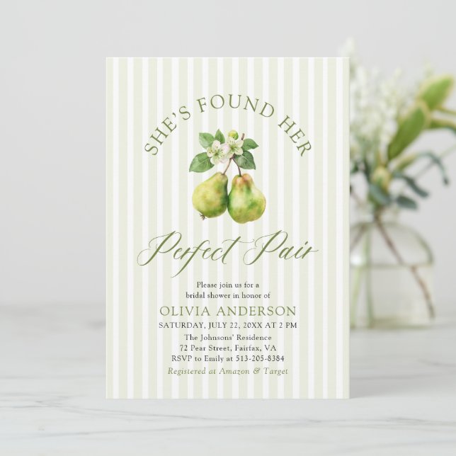 Modern Green Stripes Perfect Pair Bridal Shower Invitation (Standing Front)
