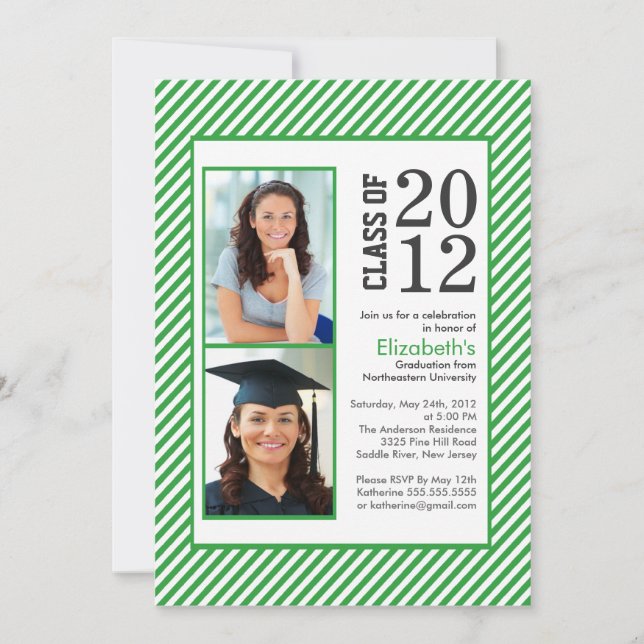 Modern Green Stripes Photo Graduation invitation (Front)