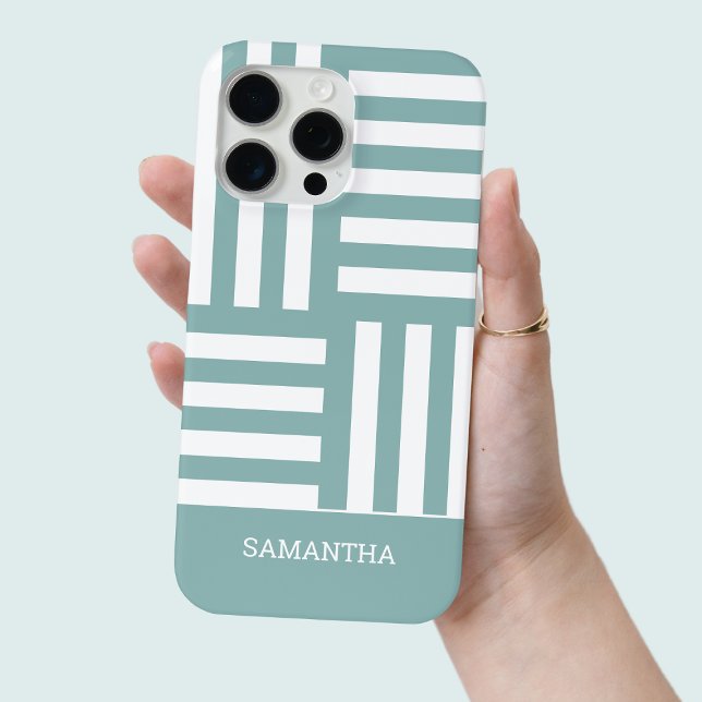 Modern Green Stripes White Custom Name Simple Chic Case-Mate iPhone Case (Modern Green Stripes White Custom Name Simple Chic Case-Mate iPhone Case)