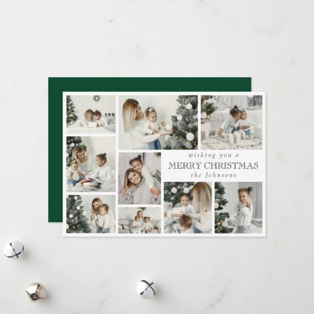 Modern Green Stylish Multi Photo Grid Holiday Card (Front/Back In Situ)