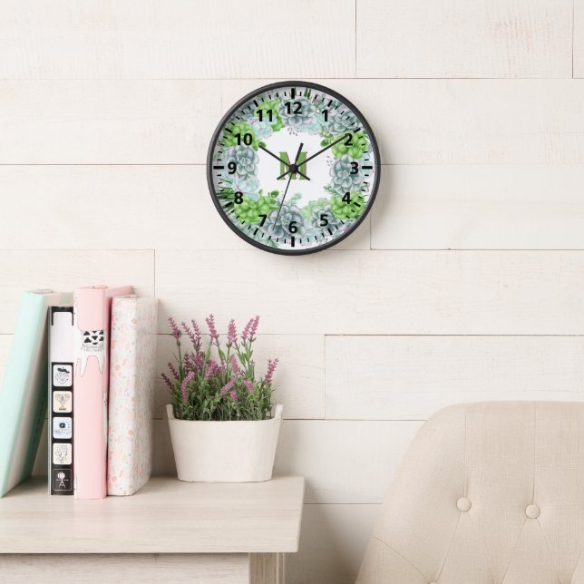 Modern Green Succulent Floral Monogram M Clock (Reading Room)