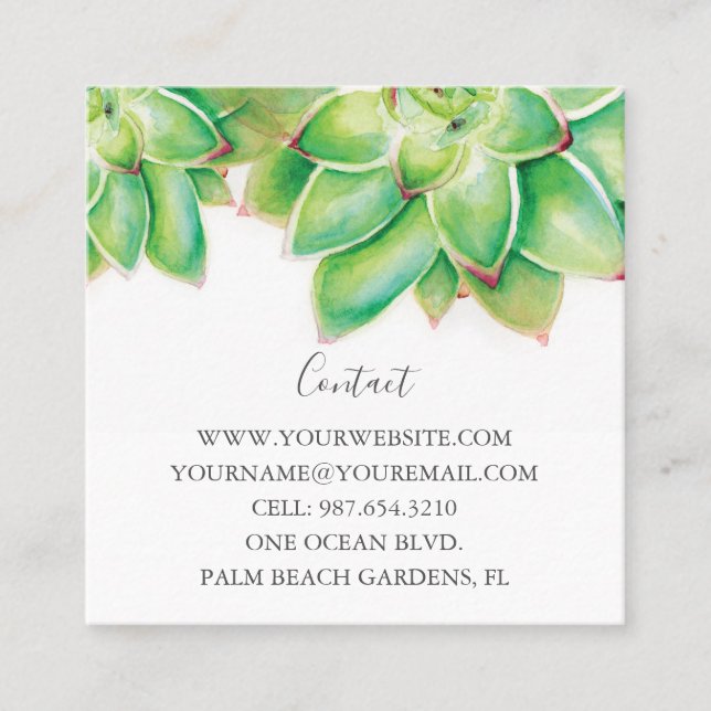 Modern Green Succulent Greenery Watercolor Square Business Card (Front)