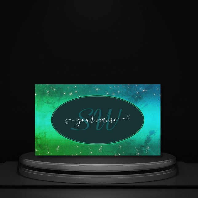 Modern Green Teal Sparkling Glitter Stars Initials Business Card (Creator Uploaded)