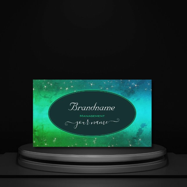 Modern Green Teal Sparkling Glitter Stars Stylish Business Card (Creator Uploaded)